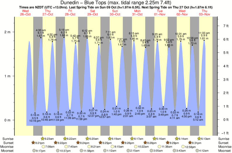 Gráfico de marea para Dunedin - Blue Tops cerca del spot de Dunedin - Ocean View