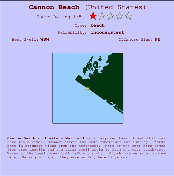 Cannon Beach mapa de ubicación e información del spot