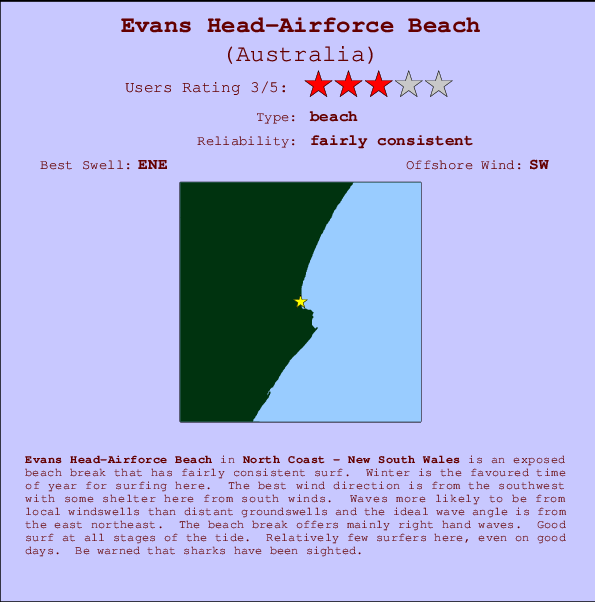 Evans Head-Airforce Beach mapa de ubicación e información del spot