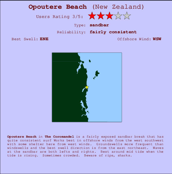 Opoutere Beach mapa de ubicación e información del spot