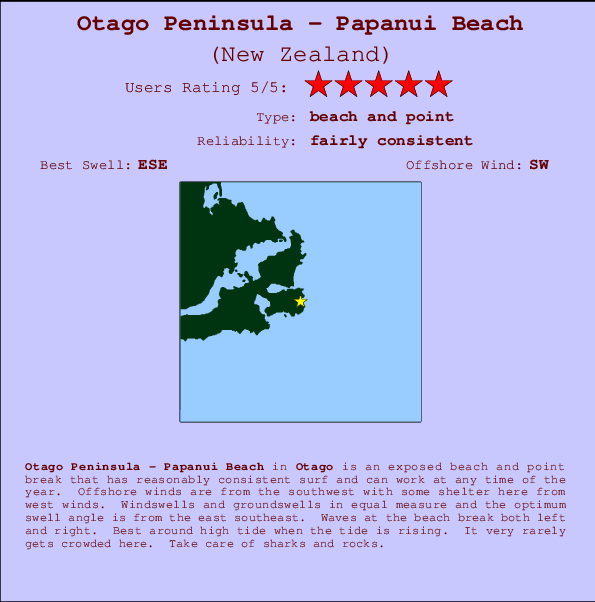 Otago Peninsula - Papanui Beach mapa de ubicación e información del spot