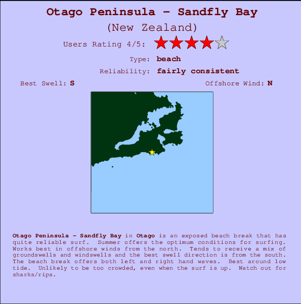 Otago Peninsula - Sandfly Bay mapa de ubicación e información del spot