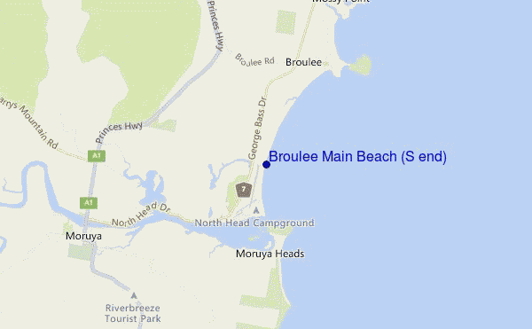 mapa de ubicación de Broulee Main Beach (S end)