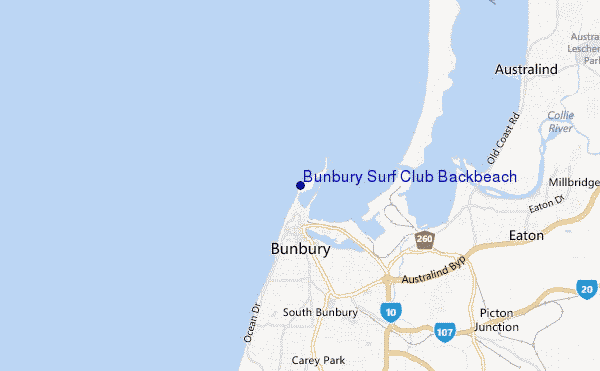 mapa de ubicación de Bunbury Surf Club Backbeach