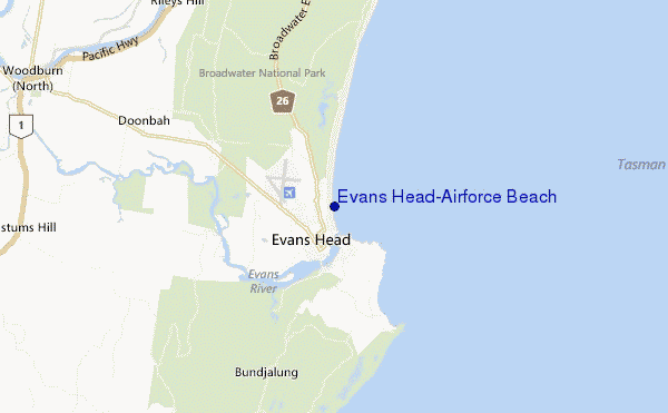 mapa de ubicación de Evans Head-Airforce Beach
