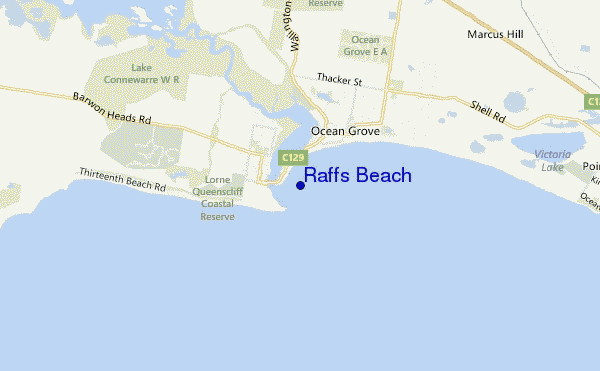 mapa de ubicación de Raffs Beach