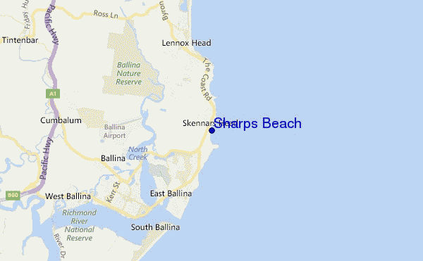 mapa de ubicación de Sharps Beach